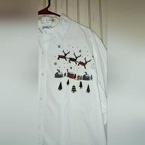 Casey Coleman Top Extra Large White Santa Embroidered Christmas Corduroy XL